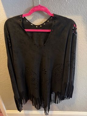 Joseph Ribkoff Fringe Poncho Black Laser Cut Boho Western One Size